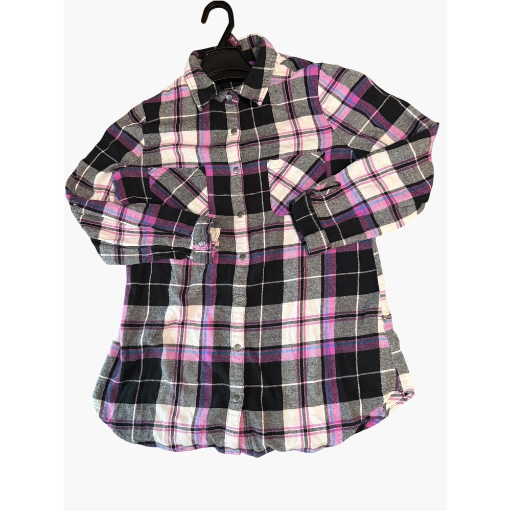 Womens Plaid Flannel Button Down Shirt Pink Black White Long Sleeve Top 507